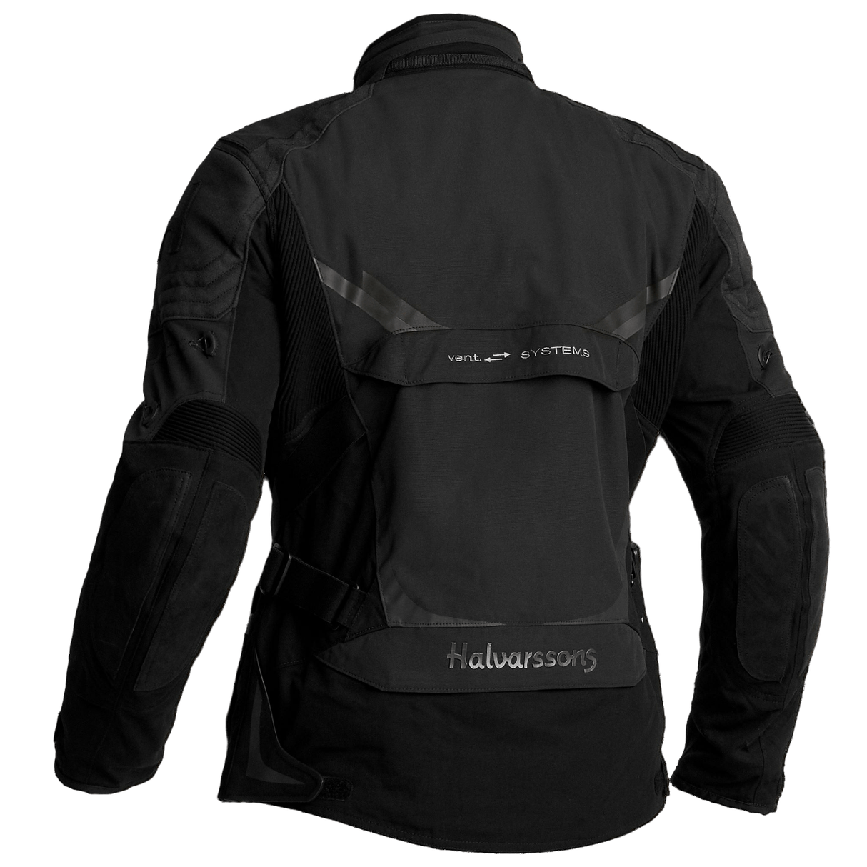 Schwarze Halvarssons Motorradjacke Mora aus der Adventure-Serie mit sichtbaren Reißverschlüssen und robustem Material.