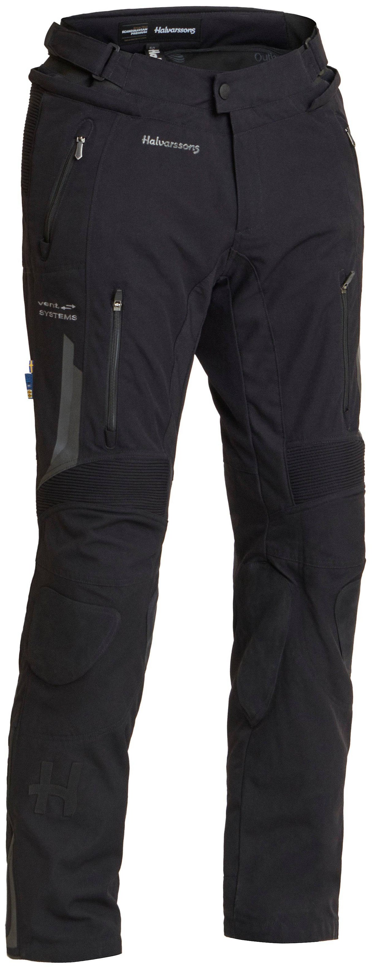 Schwarze Halvarssons Textilhose Malung für Abenteuer, detailreiche Abbildung der strapazierfähigen Outdoor-Hose