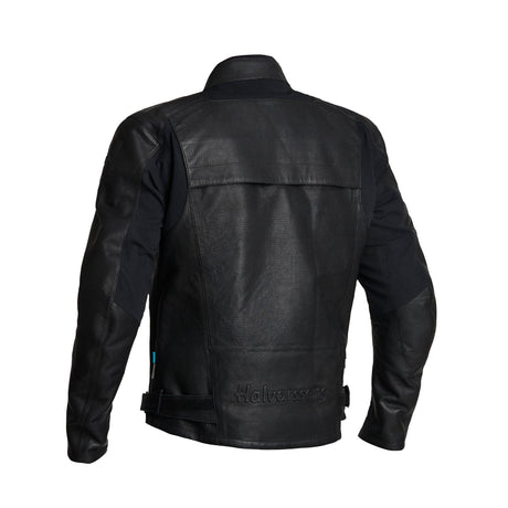 Schwarze Halvarssons Racken Lederjacke für Touren, detaillierte Nahaufnahme der stilvollen, strapazierfähigen Motorradjacke.