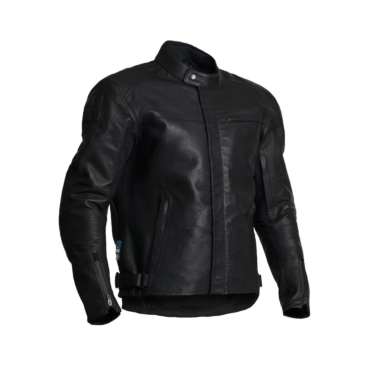 Schwarze Halvarssons Racken Lederjacke für Touren, detailreiche Nähte und robustes Leder, frontal sichtbar auf der Abbildung.