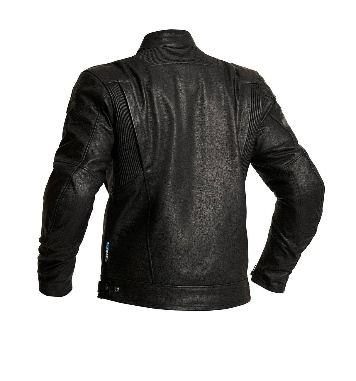 Schwarze Halvarssons Lederjacke Mangen, robuste Touren-Jacke aus Leder mit detailreicher Verarbeitung, auf einem Model getragen.