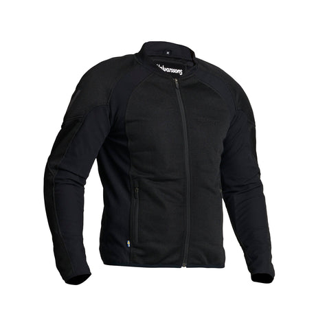 Schwarze Halvarssons Motorradjacke Edane für Touren, robuste Textiljacke mit Schutzpolstern und reflektierenden Elementen.