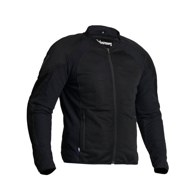 Schwarze Halvarssons Motorradjacke Edane für Touren, robuste Textiljacke mit Schutzpolstern und reflektierenden Elementen.