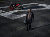 Dunkelgraue Halvarssons Touren-Motorradjacke Solberg mit schwarzen Akzenten, wasserdichtes Material, verstellbare Ärmel und Rücken.
