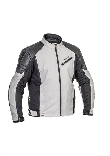 Halvarssons Motorradjacke Solberg in Hellgrau und Schwarz, Touring-Jacke mit robustem Stoff und Schutzpolstern, Frontreissverschluss.