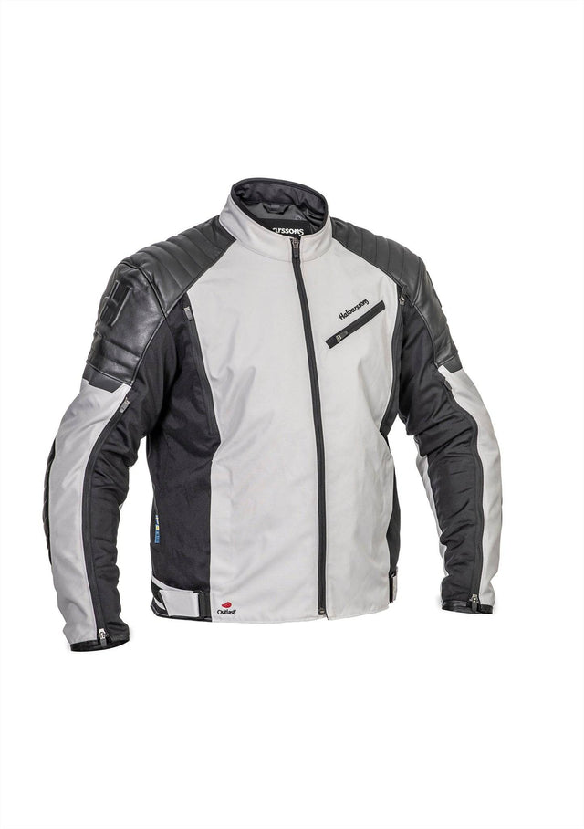 Halvarssons Motorradjacke Solberg in Hellgrau und Schwarz, Touring-Jacke mit robustem Stoff und Schutzpolstern, Frontreissverschluss.