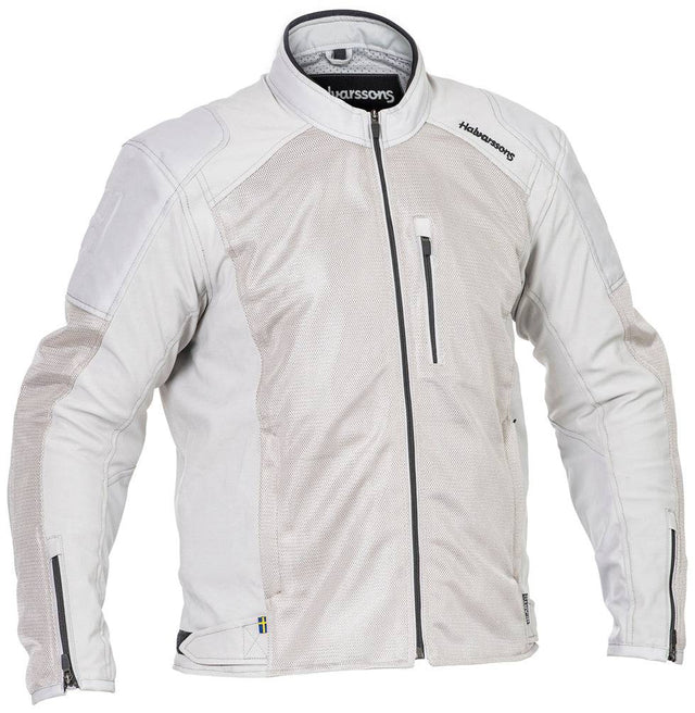 Halvarssons Arvika Tourenjacke für Motorräder in Hellgrau, Details der strapazierfähigen Motorradjacke sichtbar