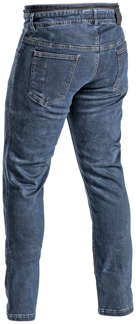Motorradjeans Rogen Blau von Halvarssons, kurze Tourenhose aus robustem Material, mit Schutzpolstern und reflektierenden Elementen.