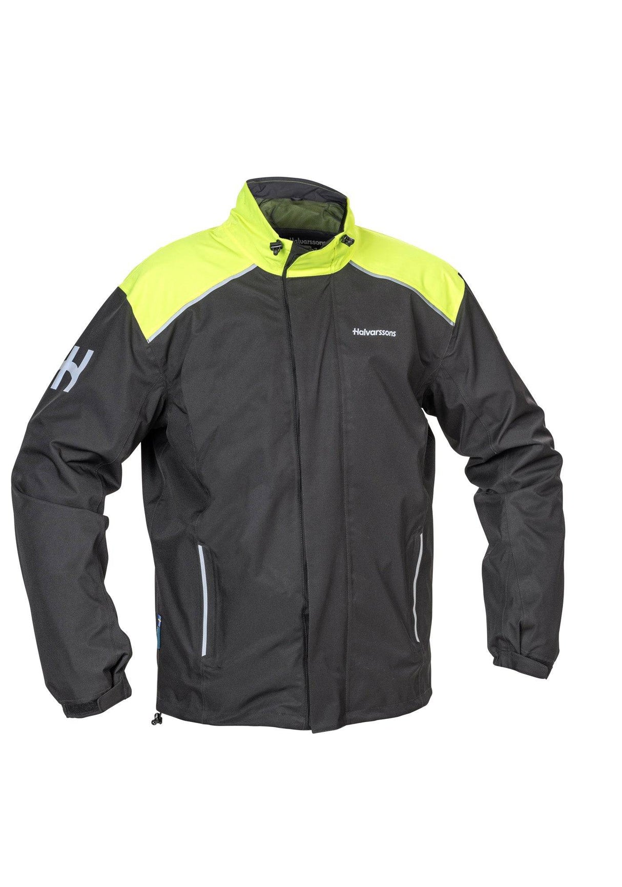 Halvarssons Regenjacke Bofallet in Gelb und Schwarz, wasserabweisende Regenbekleidung mit reflektierenden Details, Frontreißverschluss.