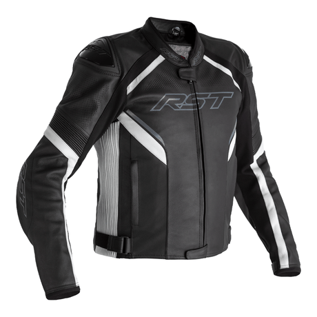 Schwarze und weiße RST Sabre Airbag Lederjacke für Touring, detaillierte Sicht auf das sportliche Design und luftige Passform