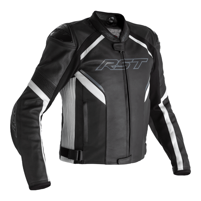 Schwarze und weiße RST Sabre Airbag Lederjacke für Touring, detaillierte Sicht auf das sportliche Design und luftige Passform