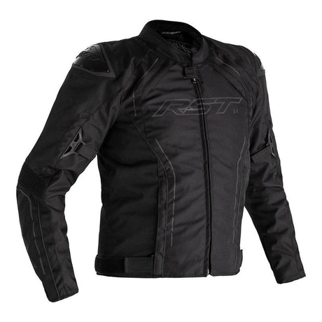 Schwarze RST S-1 Motorradjacket aus Textil, touring-fähig, mit Schutzvorrichtungen, für Motorradfahrer.