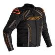 Schwarze, graue und orange RST S-1 Touren-Motorradjacke aus robustem Textil mit Protektoren, seitlichen Reißverschlüssen.