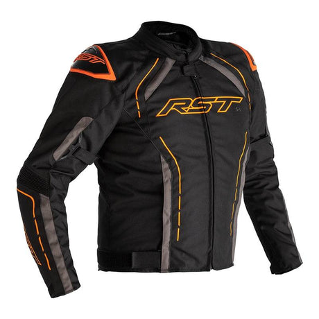 Schwarze, graue und orange RST S-1 Touren-Motorradjacke aus robustem Textil mit Protektoren, seitlichen Reißverschlüssen.