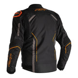 Schwarze, graue und orange RST S-1 Touren-Motorradjacke aus robustem Textil mit Protektoren, seitlichen Reißverschlüssen.