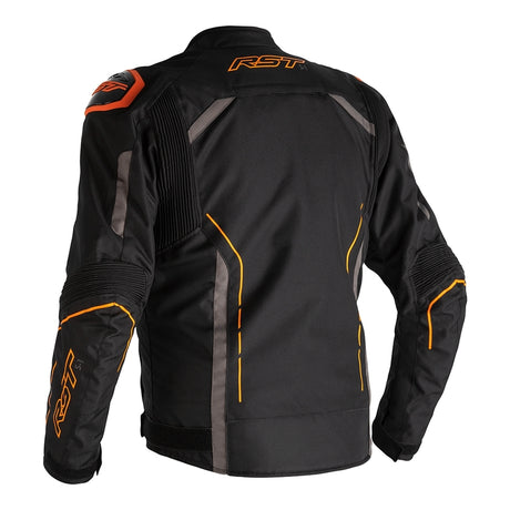 Schwarze, graue und orange RST S-1 Touren-Motorradjacke aus robustem Textil mit Protektoren, seitlichen Reißverschlüssen.