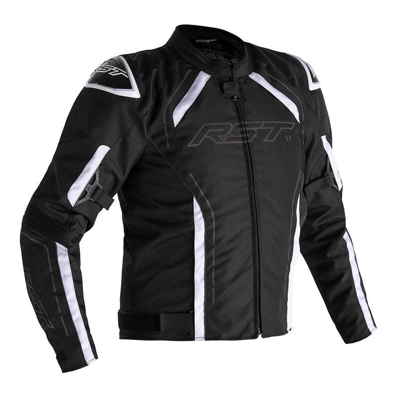 Schwarze und weiße RST S-1 Motorrad-Tourenjacke aus Textil mit Schutzpolster für sicheres Fahren