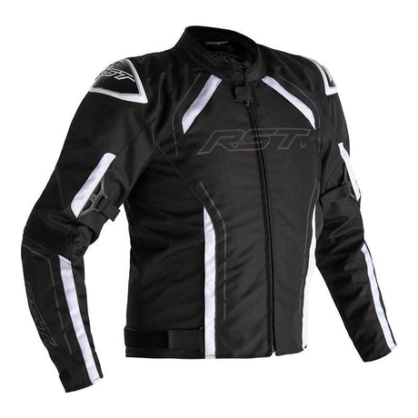 Schwarze und weiße RST S-1 Motorrad-Tourenjacke aus Textil mit Schutzpolster für sicheres Fahren