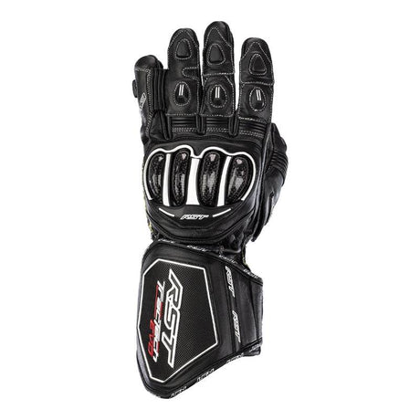 Schwarze RST TracTech Evo 4 Ledermotorradhandschuhe für Racing, mit Knöchelprotektoren und atmungsaktivem Leder.