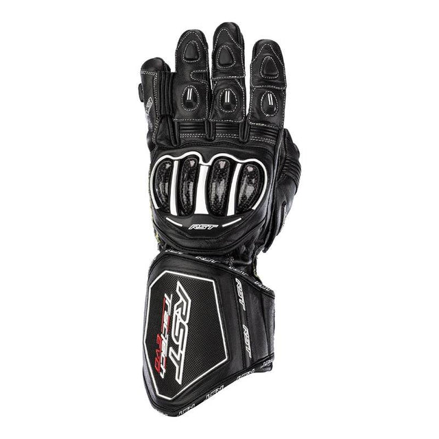 Schwarze RST TracTech Evo 4 Ledermotorradhandschuhe für Racing, mit Knöchelprotektoren und atmungsaktivem Leder.
