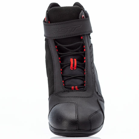 Schwarze und rote Damen-Motorradstiefel von RST Frontier, robuste Touring-Stiefel mit strapazierfähigem Design.