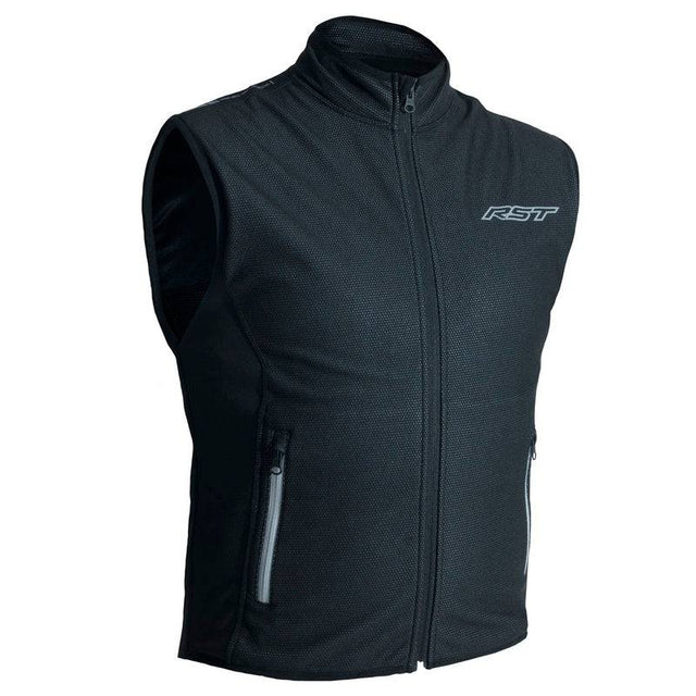 Schwarze RST Windschutzweste aus Funktionsbekleidung, winddicht und wärmend, ideal für Outdoor-Aktivitäten.