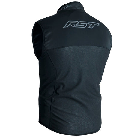 Schwarze RST Wärmende Windschutzweste aus Funktionsbekleidung, zeigt die Weste mit winddichter Oberfläche und praktischen Details.