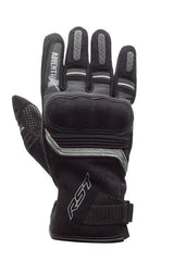 Schwarze RST Adventure-X CE Leder Motorradhandschuhe mit robustem Design und Schutzdetails für sicheres Fahren.