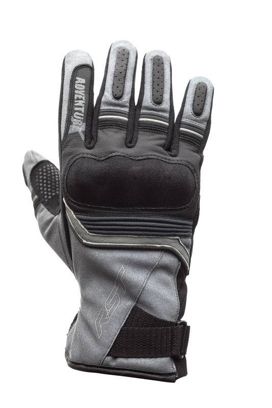 Graue RST Adventure-X CE Ledermotorradhandschuhe, detailreiche Handschuhe für sicheren Fahrkomfort, auf einem weißen Hintergrund.