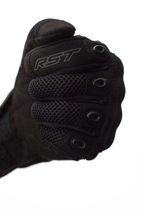 Schwarze RST Atlas WP CE Textil Motorradhandschuhe, winddicht und atmungsaktiv, für sicheren Fahrkomfort.