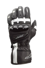 Schwarze und weiße RST Pilot CE Motorradhandschuhe aus Leder, mit Schutzpolsterung und knöchelverstärktem Design.