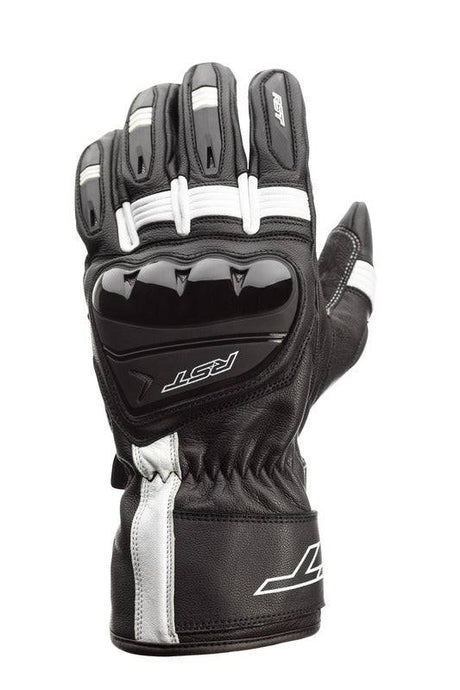 Schwarze und weiße RST Pilot CE Motorradhandschuhe aus Leder, mit Schutzpolsterung und knöchelverstärktem Design.