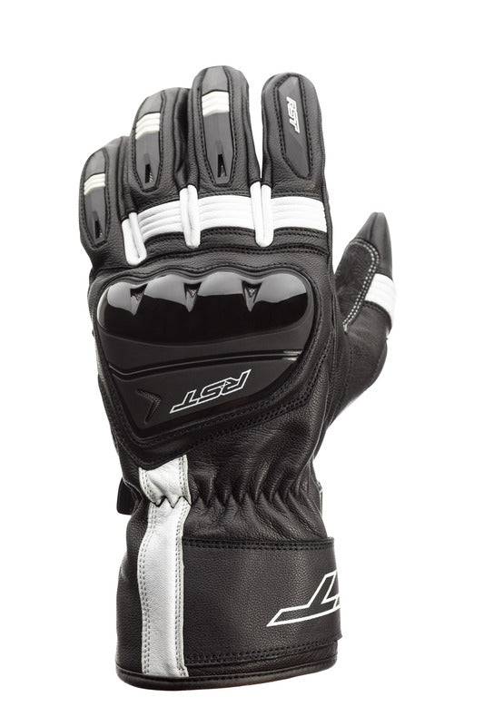 Schwarze und weiße RST Pilot CE Motorradhandschuhe aus Leder, mit Schutzpolsterung und knöchelverstärktem Design.