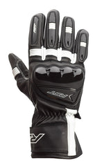 Schwarze und weiße RST Pilot CE Motorradhandschuhe aus Leder, mit Schutz und Komfort für sicheres Fahren.