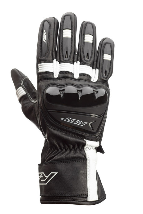 Schwarze und weiße RST Pilot CE Motorradhandschuhe aus Leder, mit Schutz und Komfort für sicheres Fahren.