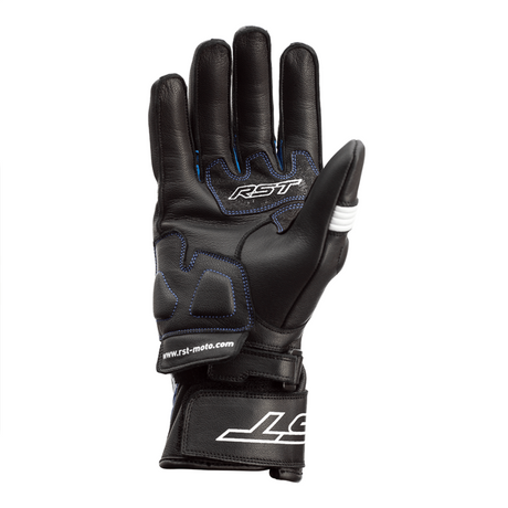 Schwarze, blaue und weiße RST Pilot CE Motorradhandschuhe aus Leder mit Schutzprotektoren und atmungsaktivem Design.