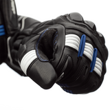 Schwarze, blaue und weiße RST Pilot CE Motorradhandschuhe aus Leder mit Schutzpolstern, für sicheren Motorradsport.