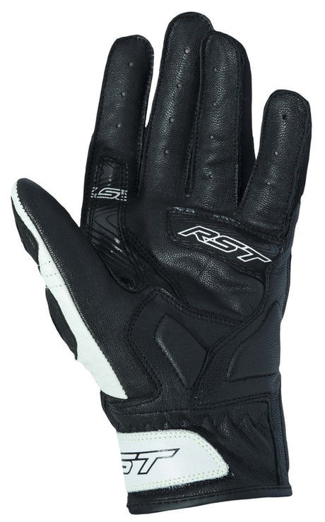 Weiße RST Stunt 3 Motorradhandschuhe, strapazierfähiges Leder mit Schutzpolstern für sicheren Motorradsport.