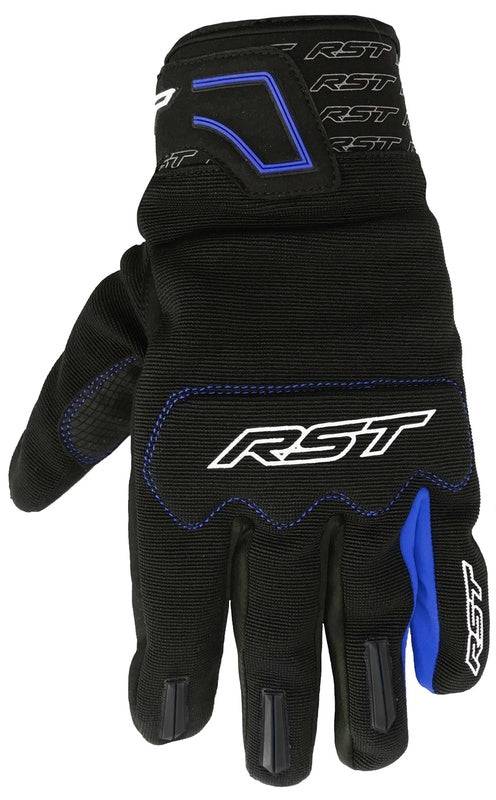 Blaue RST Rider Motorradhandschuhe mit Leder- und Textilmaterial, für sicheren Halt und Komfort beim Motorradfahren.