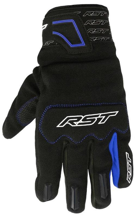 Blaue RST Rider Motorradhandschuhe mit Leder- und Textilmaterial, für sicheren Halt und Komfort beim Motorradfahren.