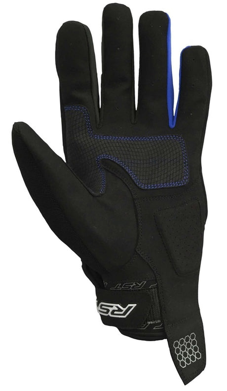 Blaue RST Rider Motorradhandschuhe aus Leder mit verstärkten Bereichen für besseren Schutz und Komfort.
