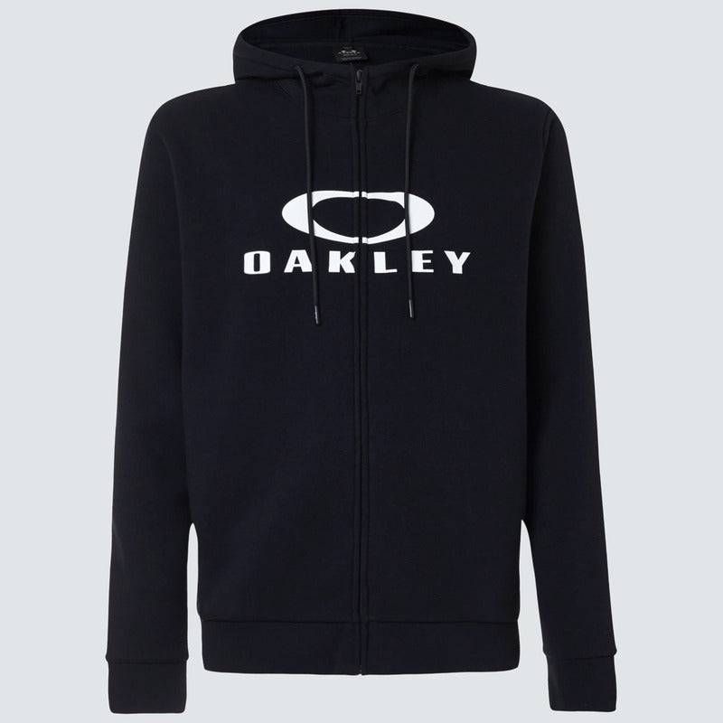 Schwarzer OAKLEY Bark FZ Hoodie, Freizeitbekleidung, mit Kapuze und Kängurutasche, auf einem weißen Hintergrund.