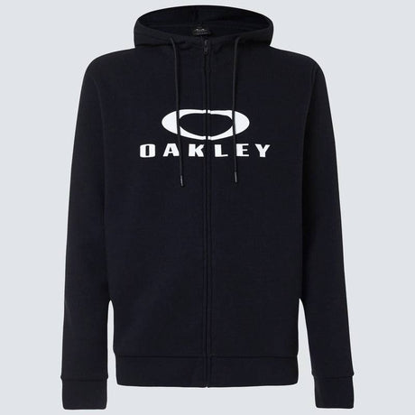 Schwarzer OAKLEY Bark FZ Hoodie, Freizeitbekleidung, mit Kapuze und Kängurutasche, auf einem weißen Hintergrund.