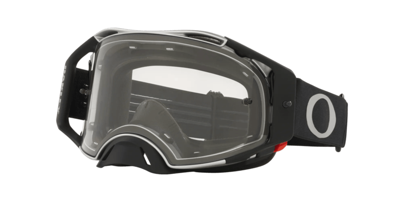 OAKLEY Airbrake® MX-Brille in Schwarz mit Gunmetal-Rahmen und klarer Linse, Schutzbrille für Motocross, zeigt die Brille von vorne
