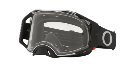 OAKLEY Airbrake® MX-Brille in Schwarz mit Gunmetal-Rahmen und klarer Linse, Schutzbrille für Motocross, zeigt die Brille von vorne
