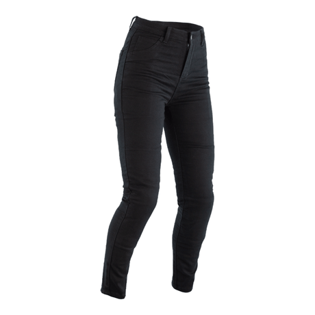 Schwarze RST Damen Motorradjeans im Jeansstil, verstärkt, aus Textil mit kurzem Bein und Twill-Details, perfekte Passform.