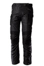 Schwarze RST Endurance CE Textil-Motorradhose für Adventure, strapazierfähig mit Protektoren, auf einem Motorrad-Sitz liegend.