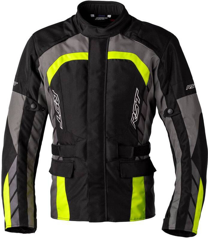 Schwarze RST Alpha 5 CE Textil-Motorradjacke mit Gelb-Akzenten, touring Jacke für Motorradfahrer, sichtbarer Reißverschluss und Belüftung.