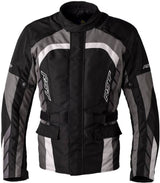 Schwarze und graue RST Alpha 5 CE Textil-Motorradjacke für Touren, aus strapazierfähigem Textilmaterial, mit Schutz.
