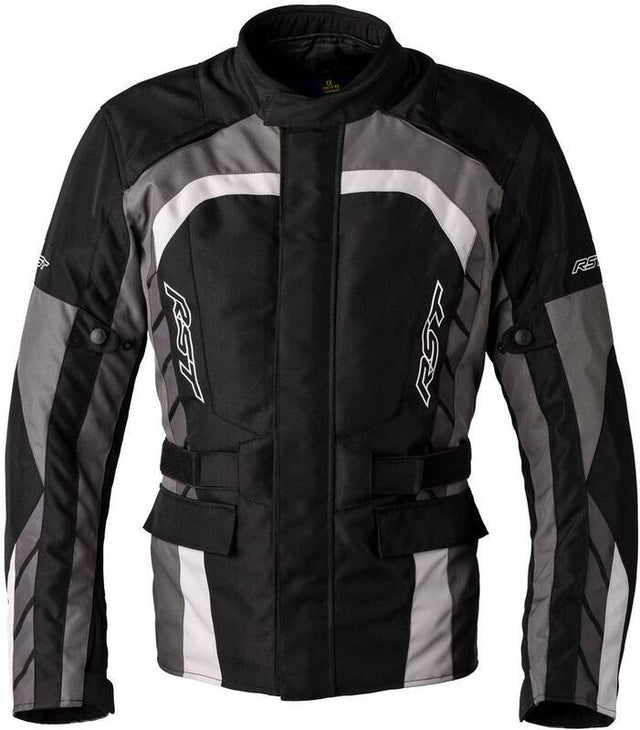 Schwarze und graue RST Alpha 5 CE Textil-Motorradjacke für Touren, aus strapazierfähigem Textilmaterial, mit Schutz.